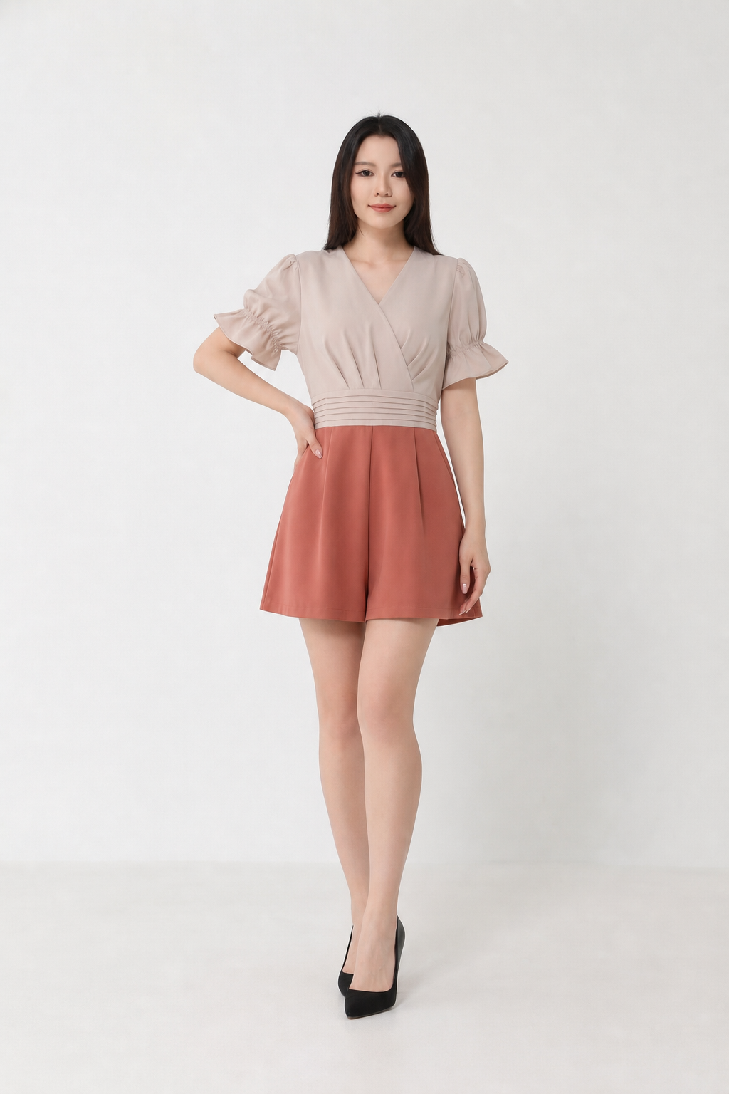 V Neck Puff Sleeve Two Tone Jumpsuit 15584