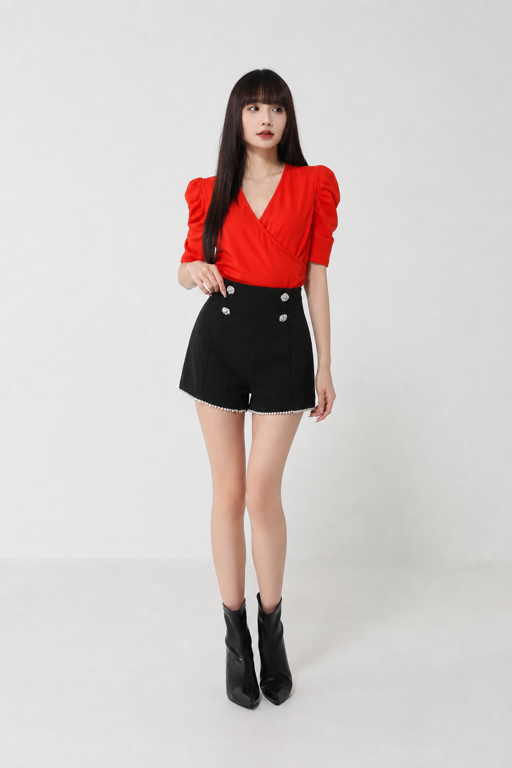 High Waist Trousers With Decorative Pearl Short Pants 16066