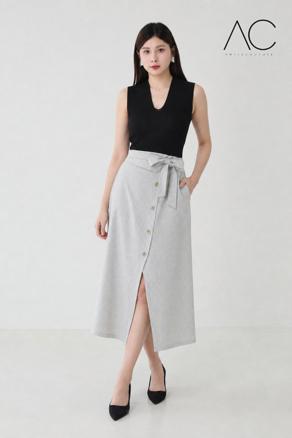 Side Button With Split With Side Tie Up Long Skirt 