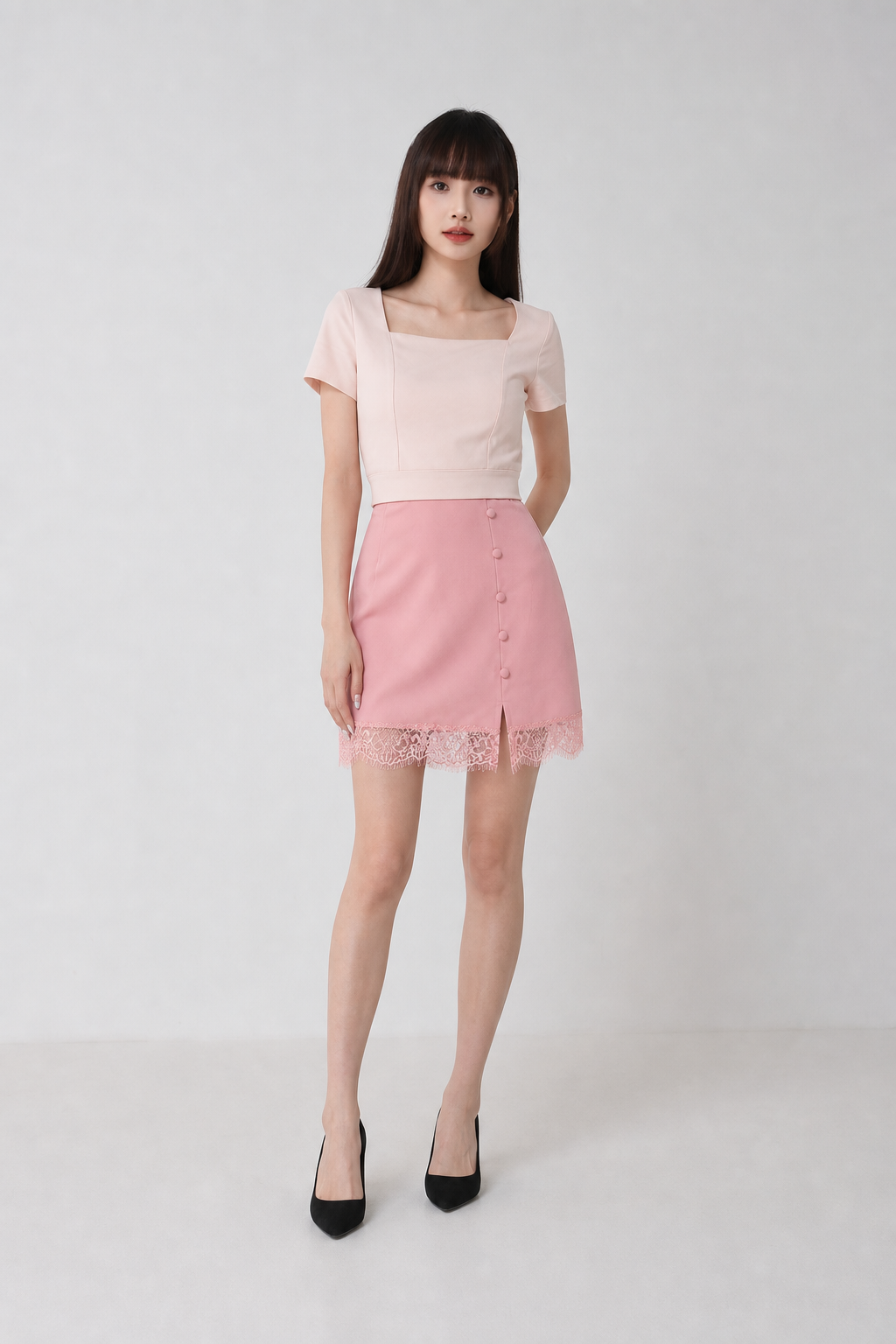 Square Neck Top With Side Decorative Button With Lace Bottom Set 20156