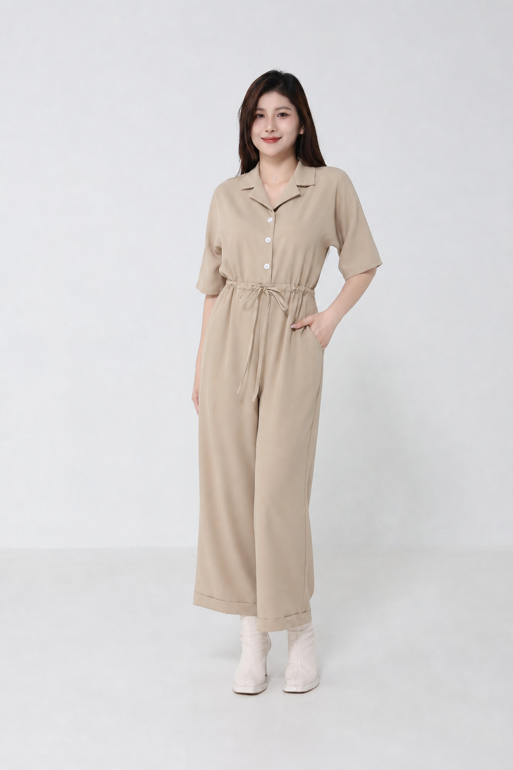 Collar Front Button Waist Drawstring Jumpsuit