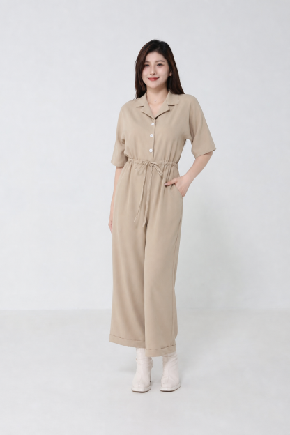 Collar Front Button Waist Drawstring Jumpsuit 