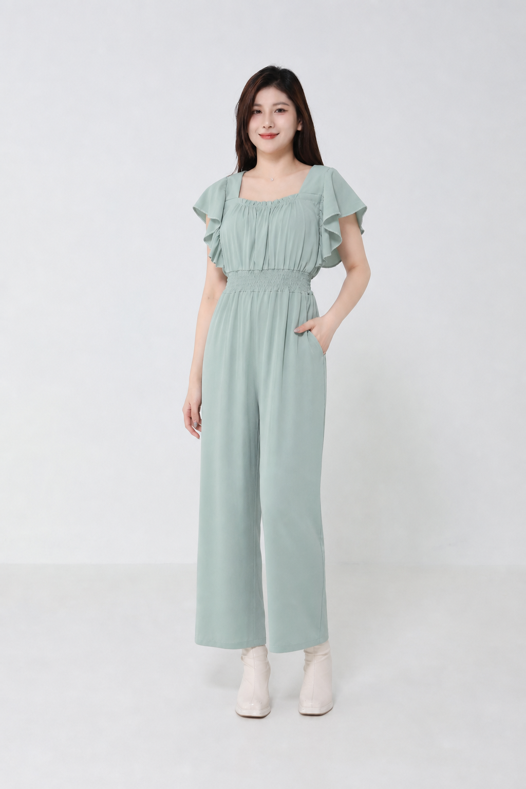 Butterfly Sleeve Square Neck Waist Stretchable Jumpsuit