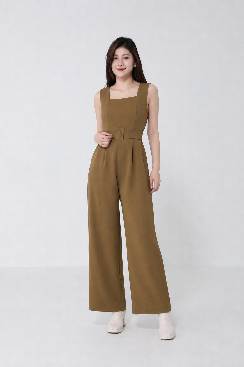 Sleeveless Square Neck Wide Leg With Belt Jumpsuit