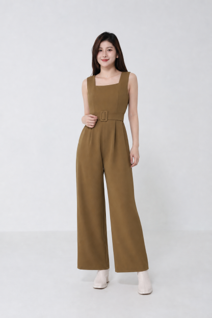 Sleeveless Square Neck Wide Leg With Belt Jumpsuit 