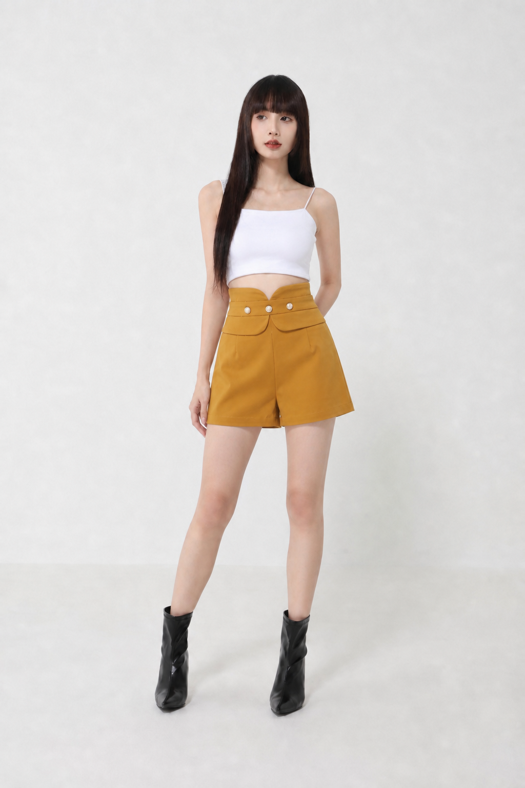 High Waist Decorative With Pearl Button Short Pants 