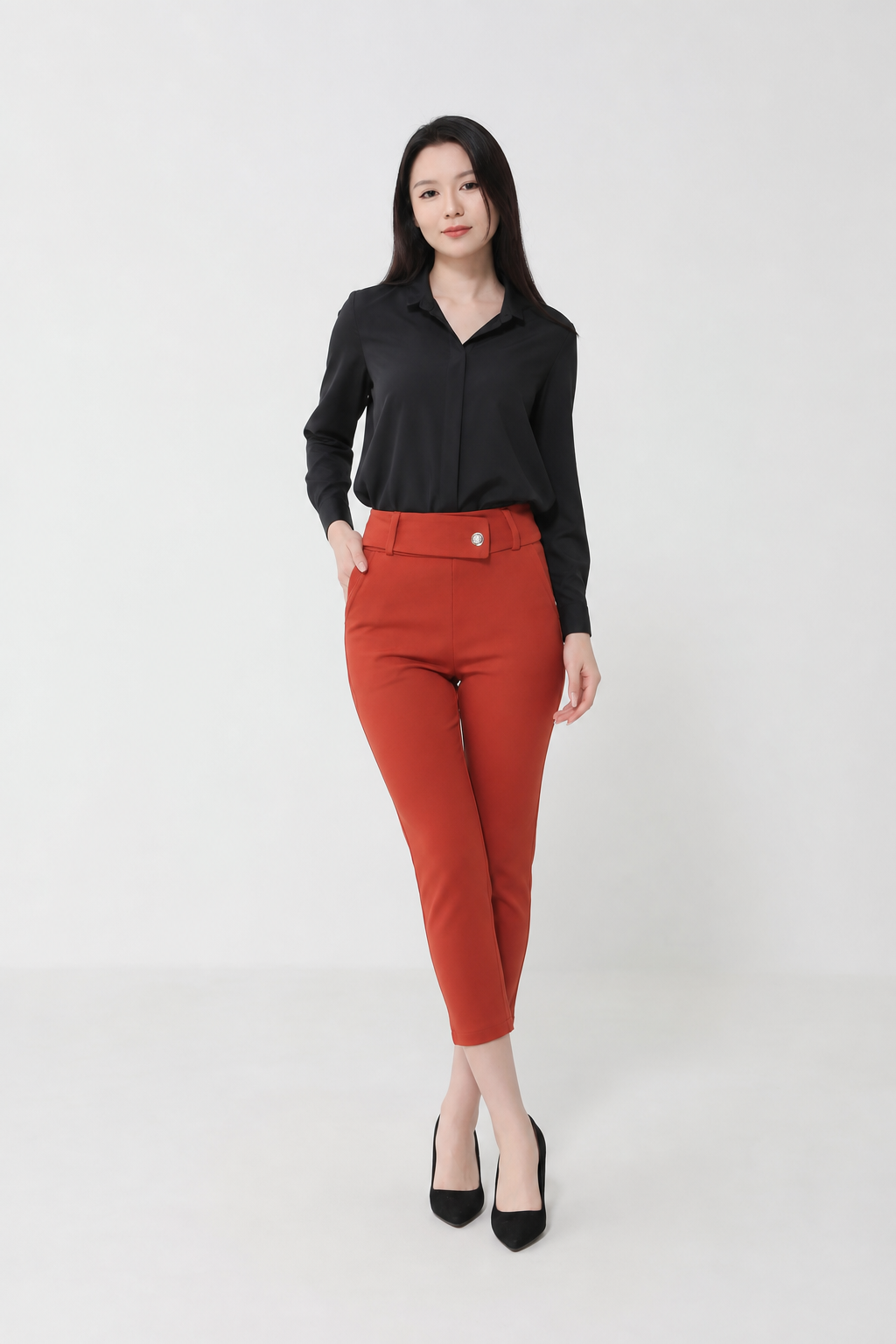 High Waist Side Button Back Zip Long Pants 
