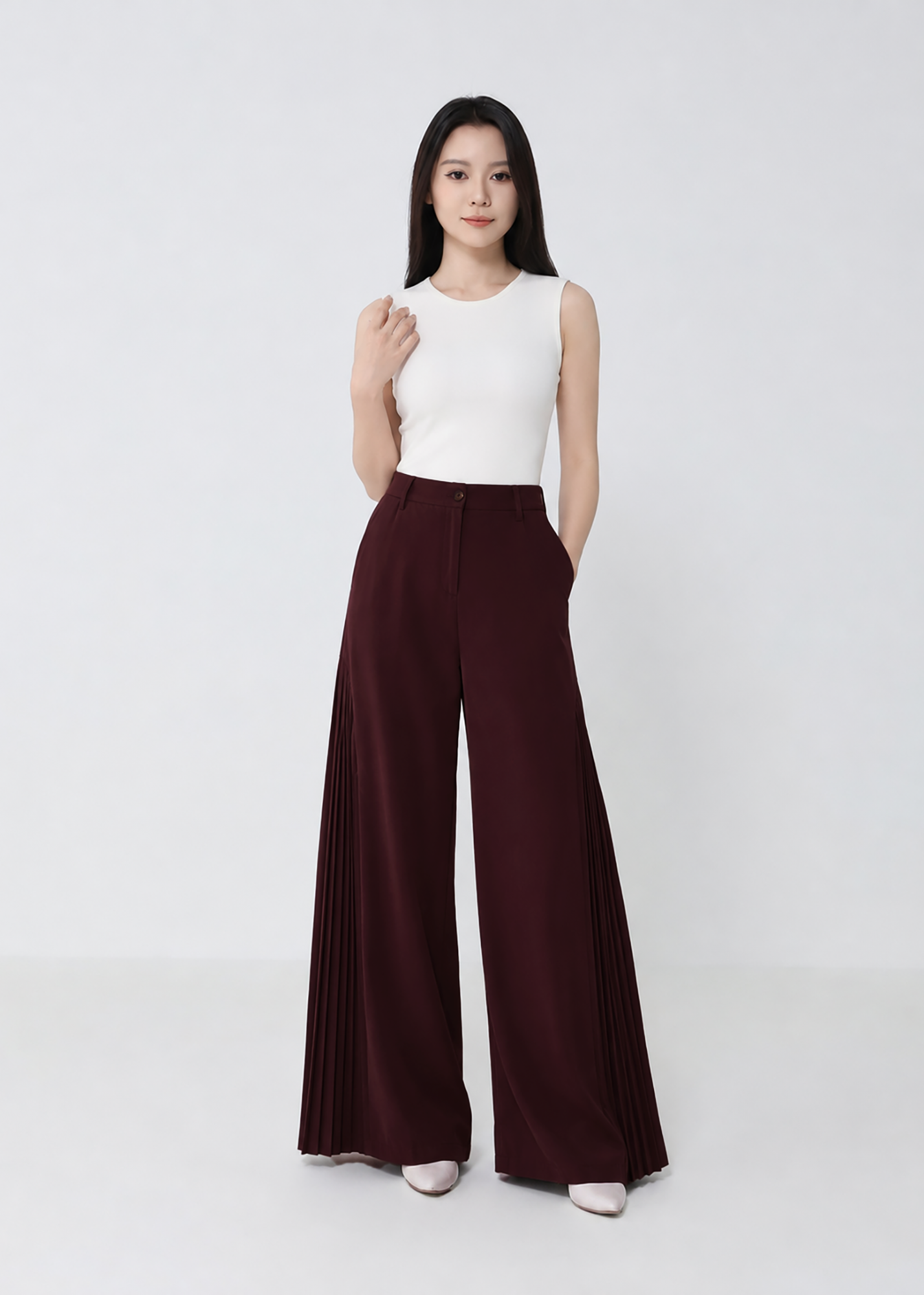 Pleated Panel Wide-Leg Long Pants DJ279
