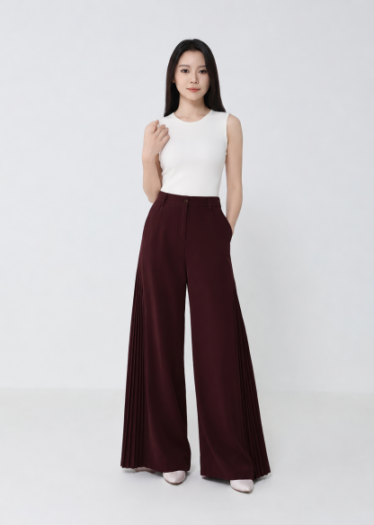 Pleated Panel Wide-Leg Long Pants DJ279