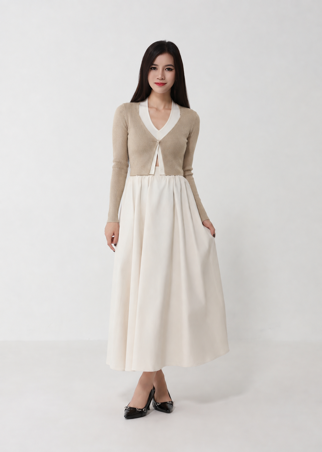 Contrast V-Neck Layered Knit Cardigan DJ284