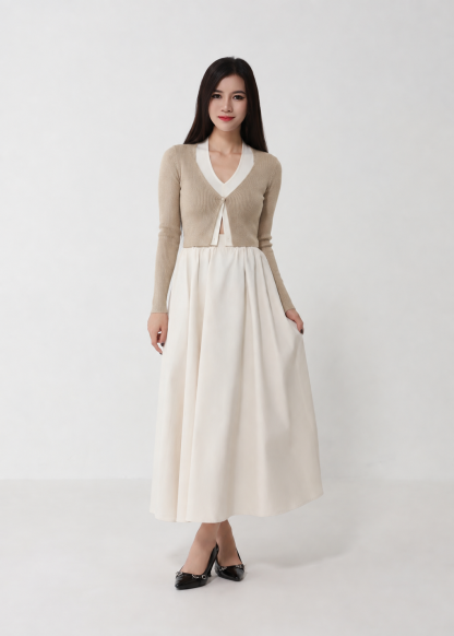 Contrast V-Neck Layered Knit Cardigan DJ284