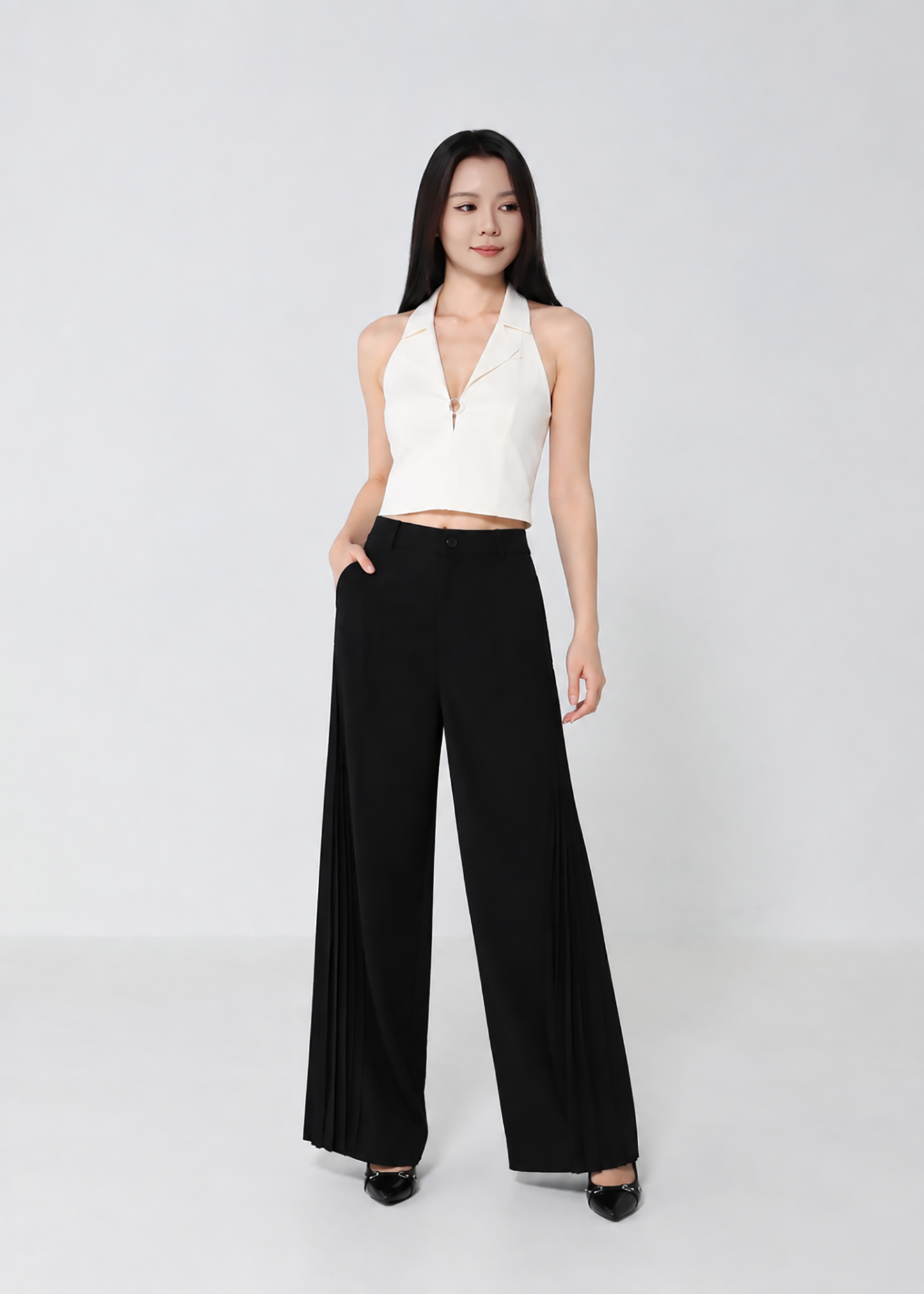 Pleated Panel Wide-Leg Long Pants DJ279