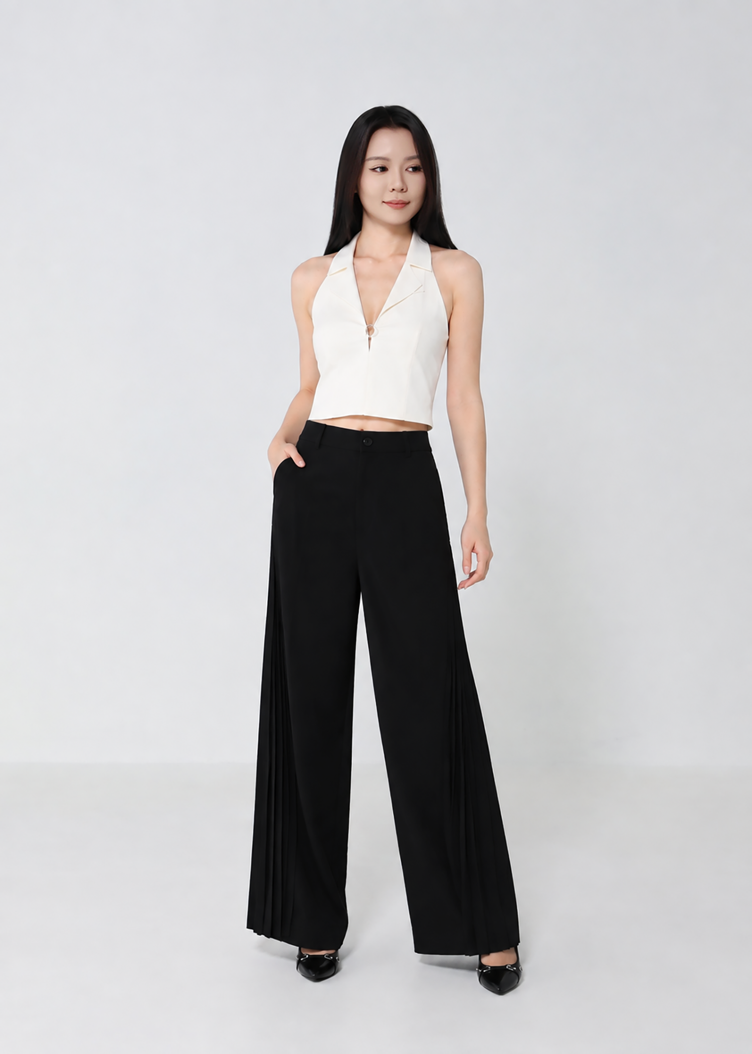 Pleated Panel Wide-Leg Long Pants DJ279