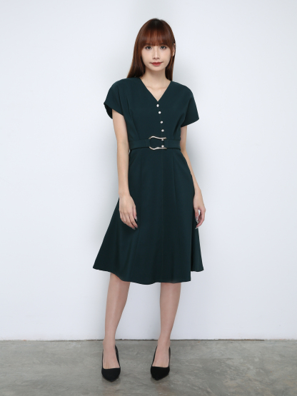 V Neck Front Decorative Button With Belt Dress 29137