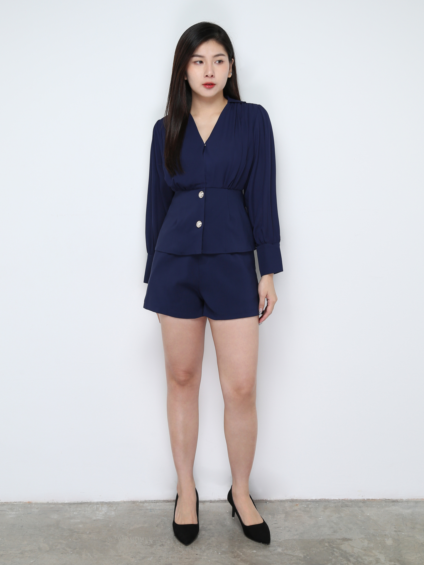 V Neck Pleated Chiffon Set 28726