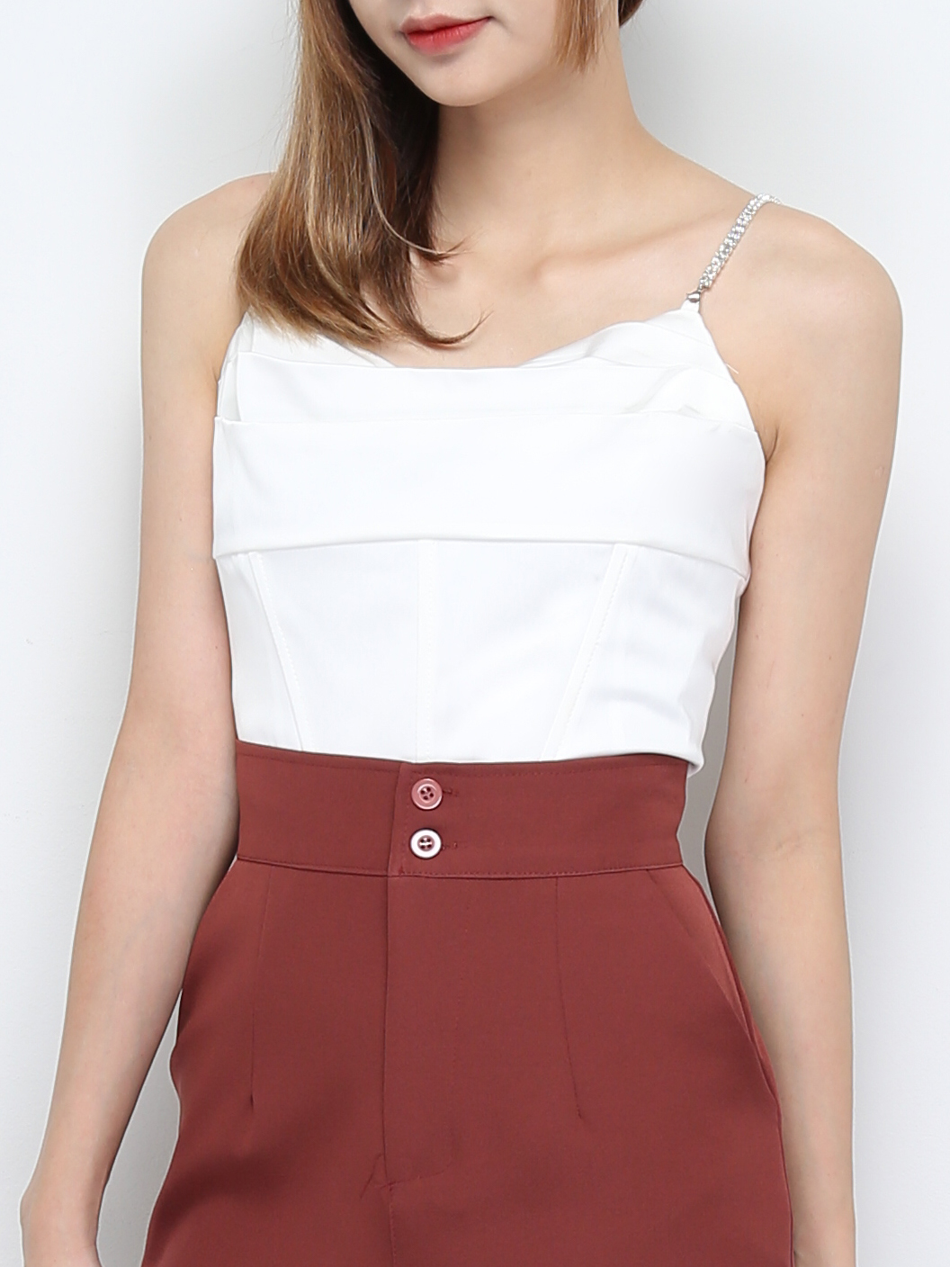 Decorative Diamond Strap With Pleated Back Zip Top 28345