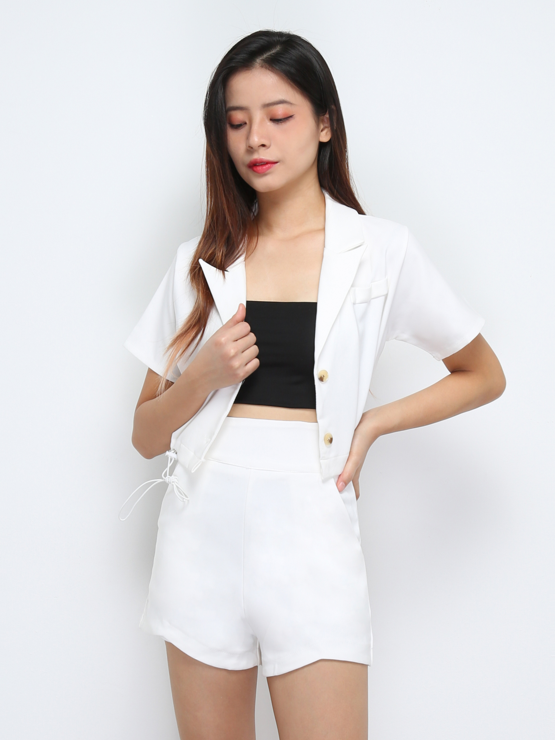 Waist Drawstring Top With Short pants Set 29398