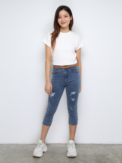 Denim Ripped With Belt Long Pants 28402