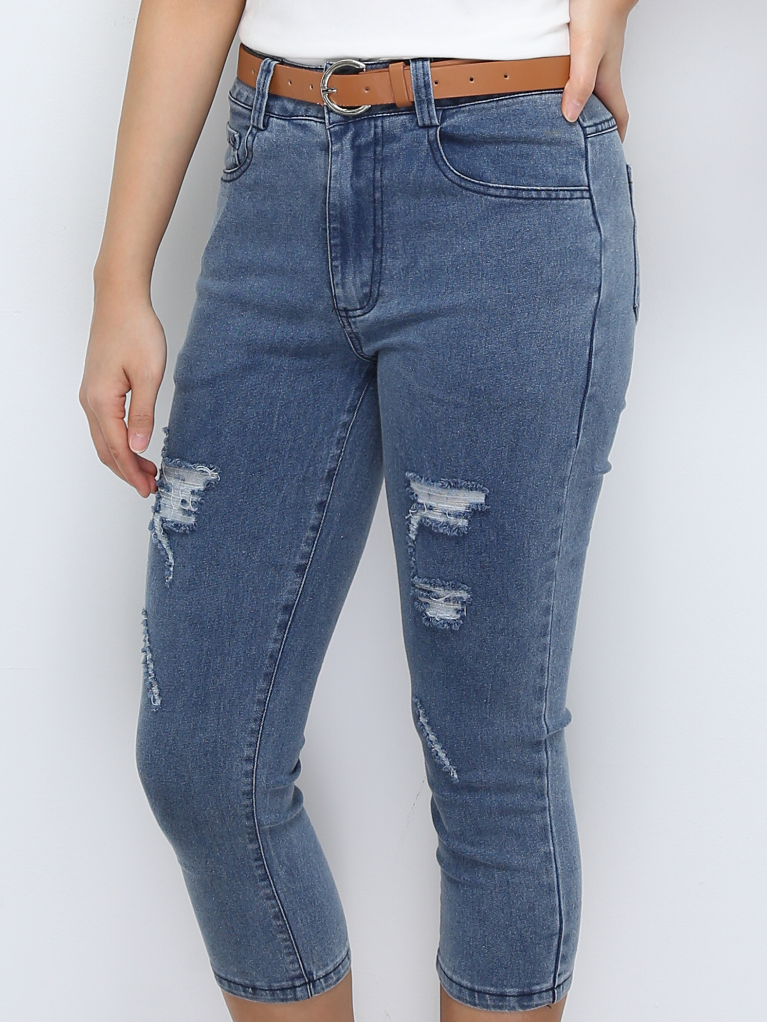 Denim Ripped With Belt Long Pants 28402