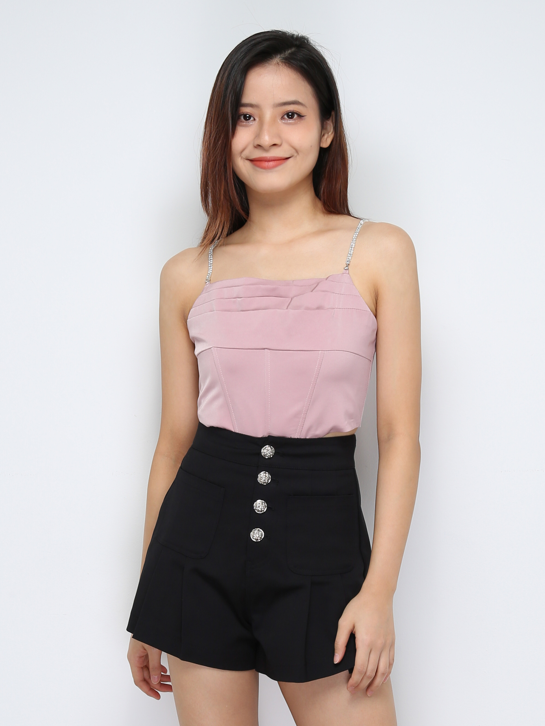 Decorative Diamond Strap With Pleated Back Zip Top 28345