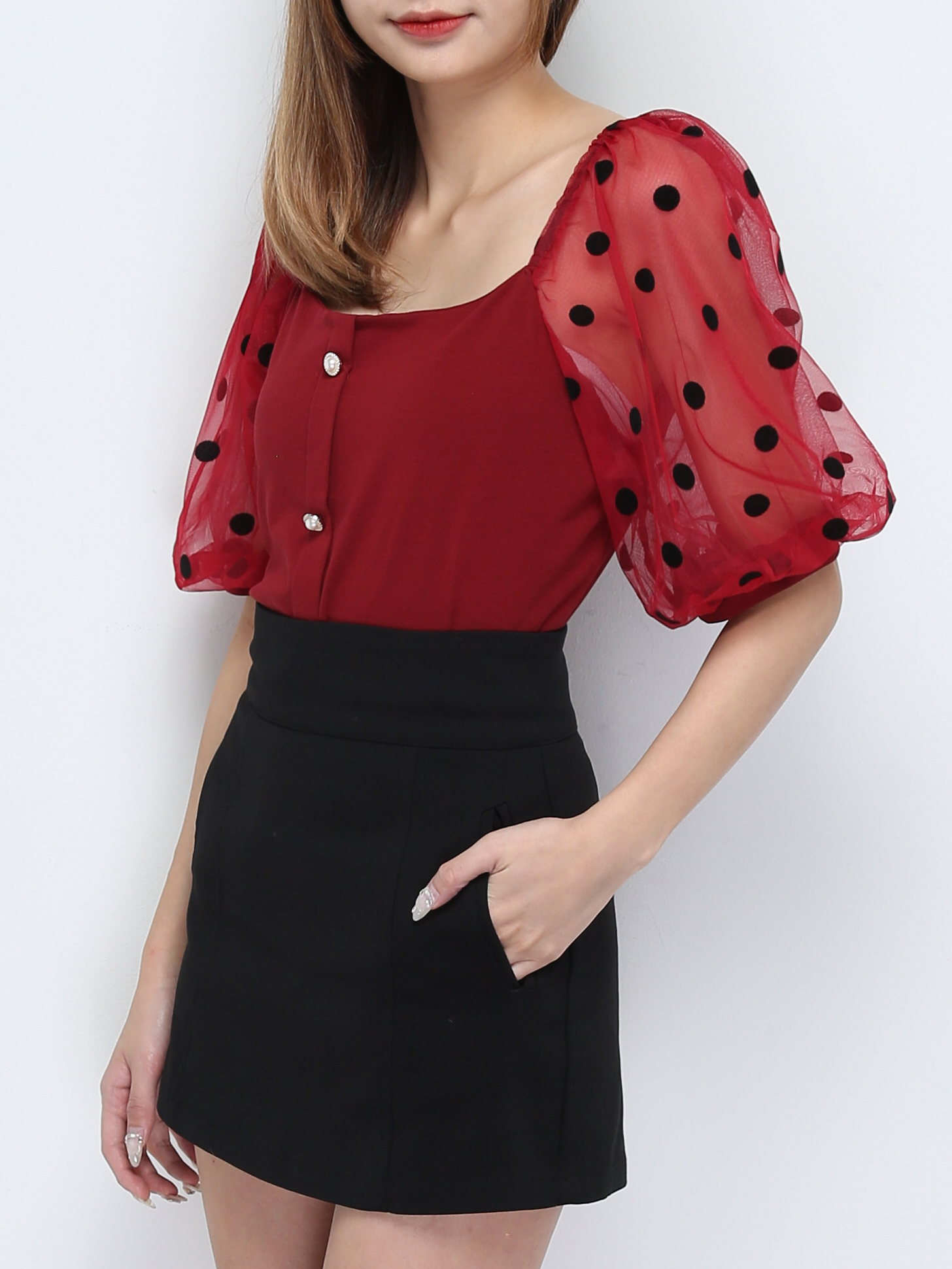 Puff Polka Dot Sleeve Front Decorative Button Top 28401