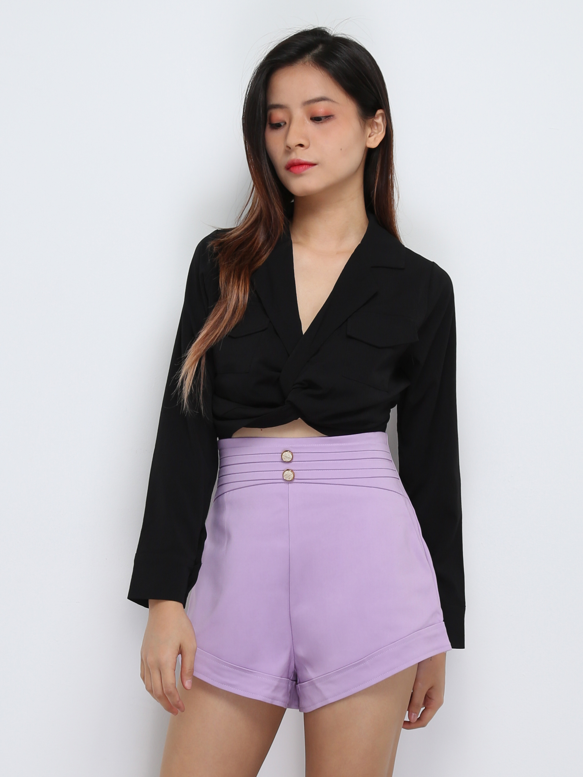 Front Pocket Decorative Button Short Pant 29382