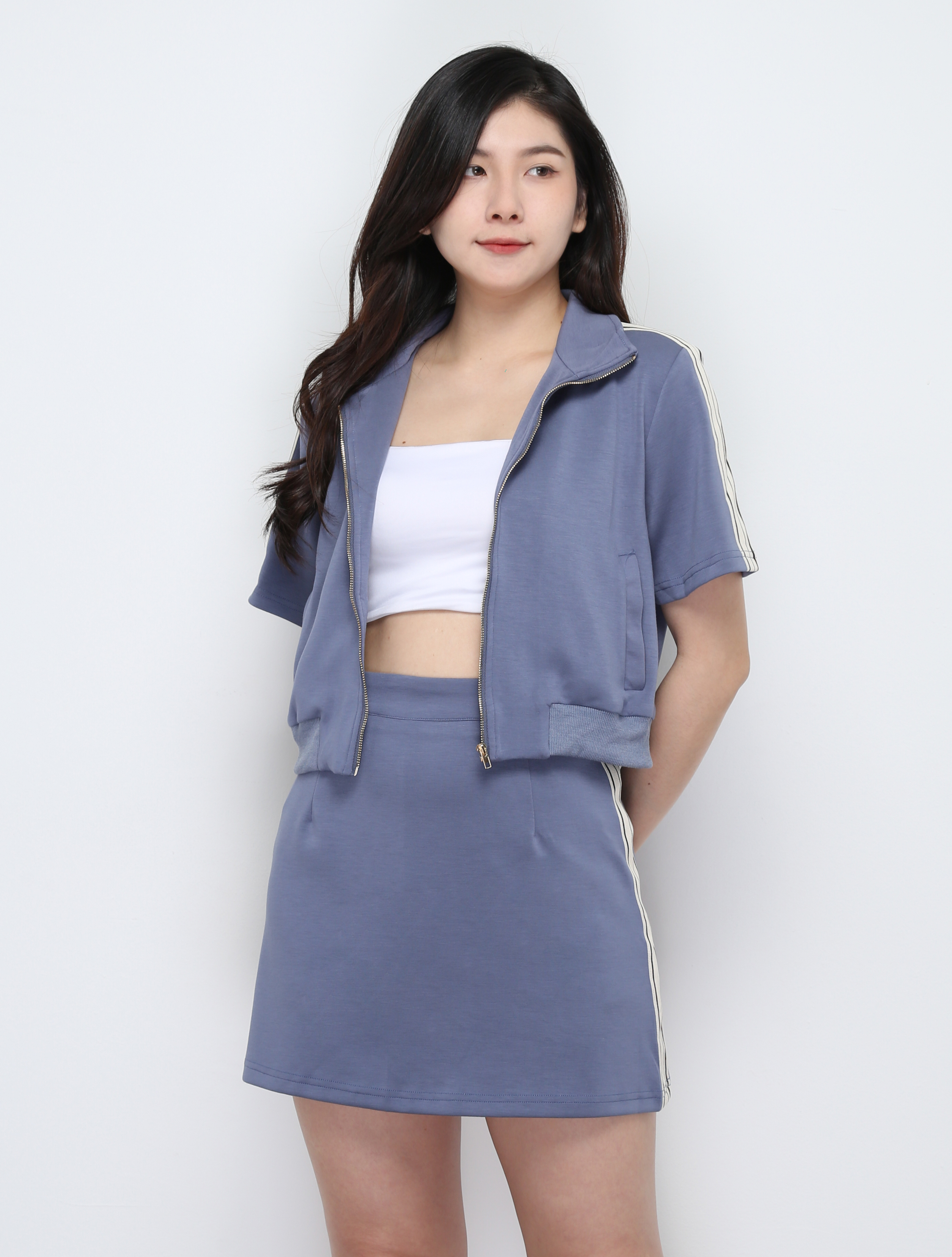 Short Sleeve Front Zip Top With Skirt Set 29492