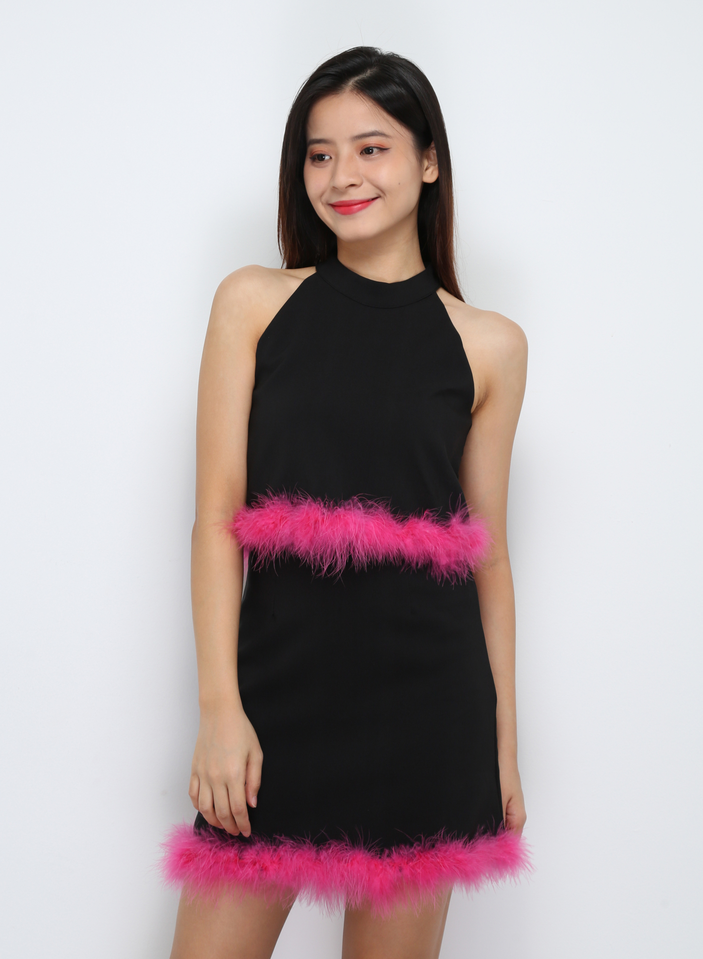 Halter With Fur Top With Skirt Pants Set 29677