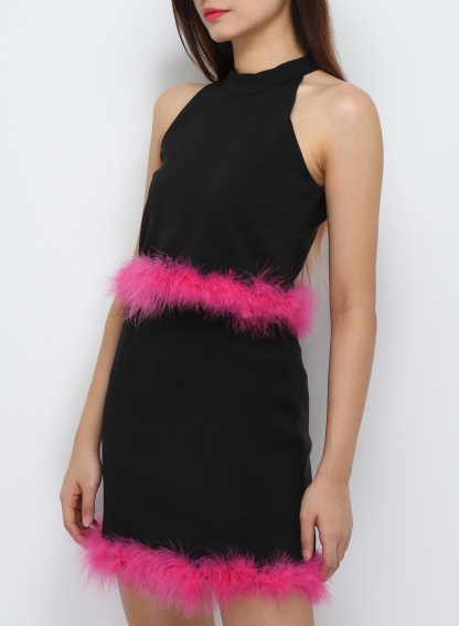 Halter With Fur Top With Skirt Pants Set 29677