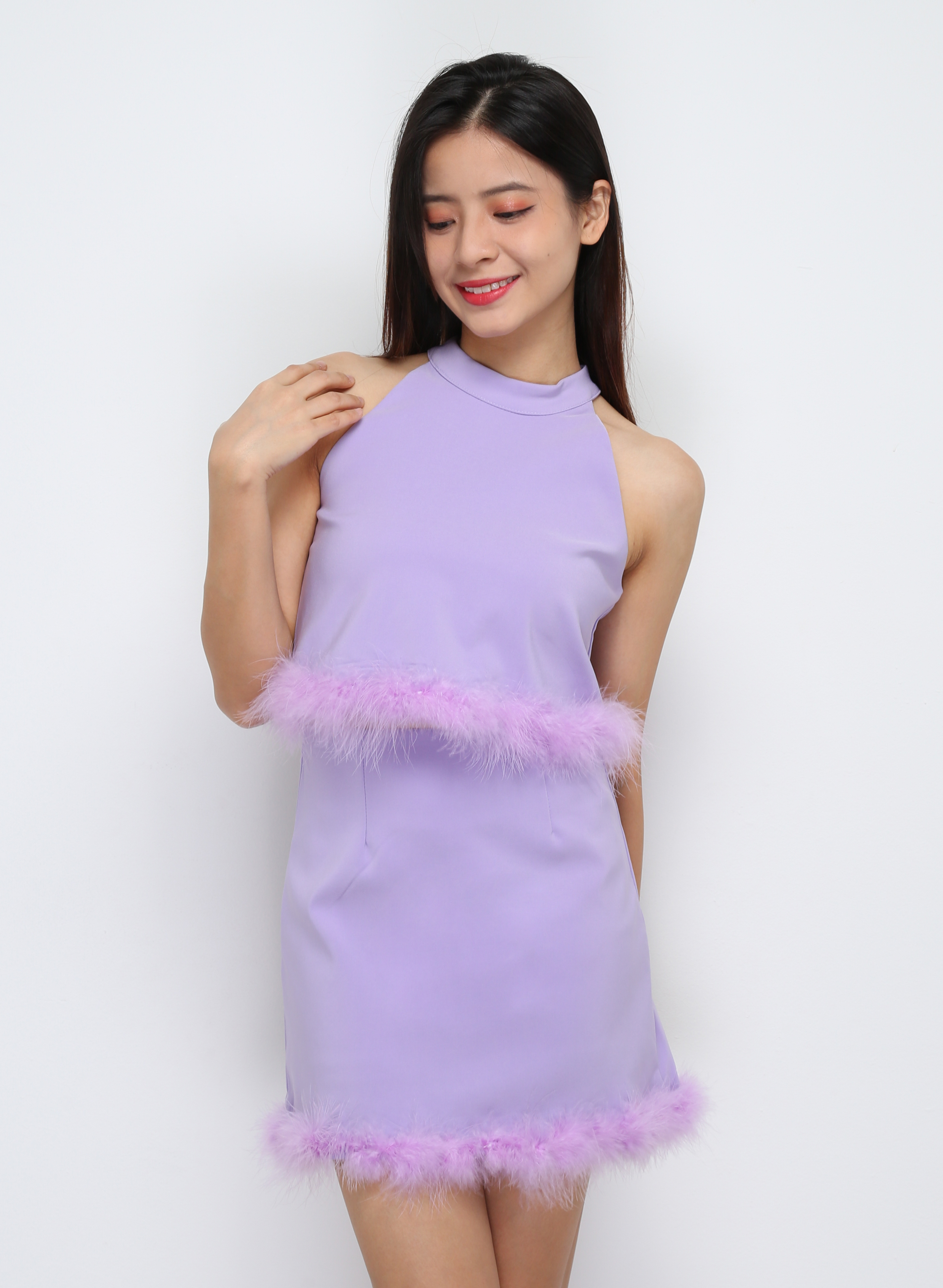 Halter With Fur Top With Skirt Pants Set 29677