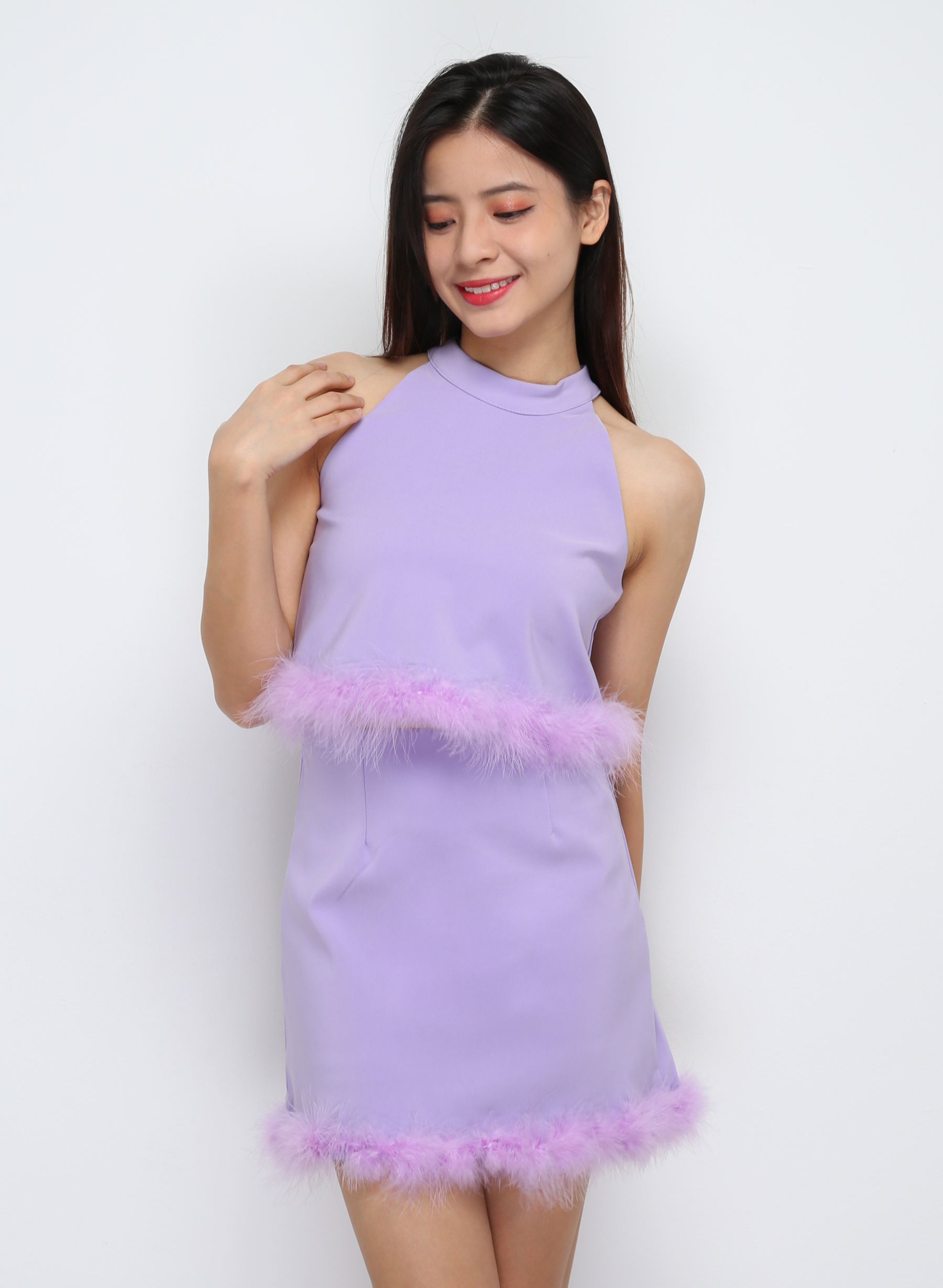 Halter With Fur Top With Skirt Pants Set 29677