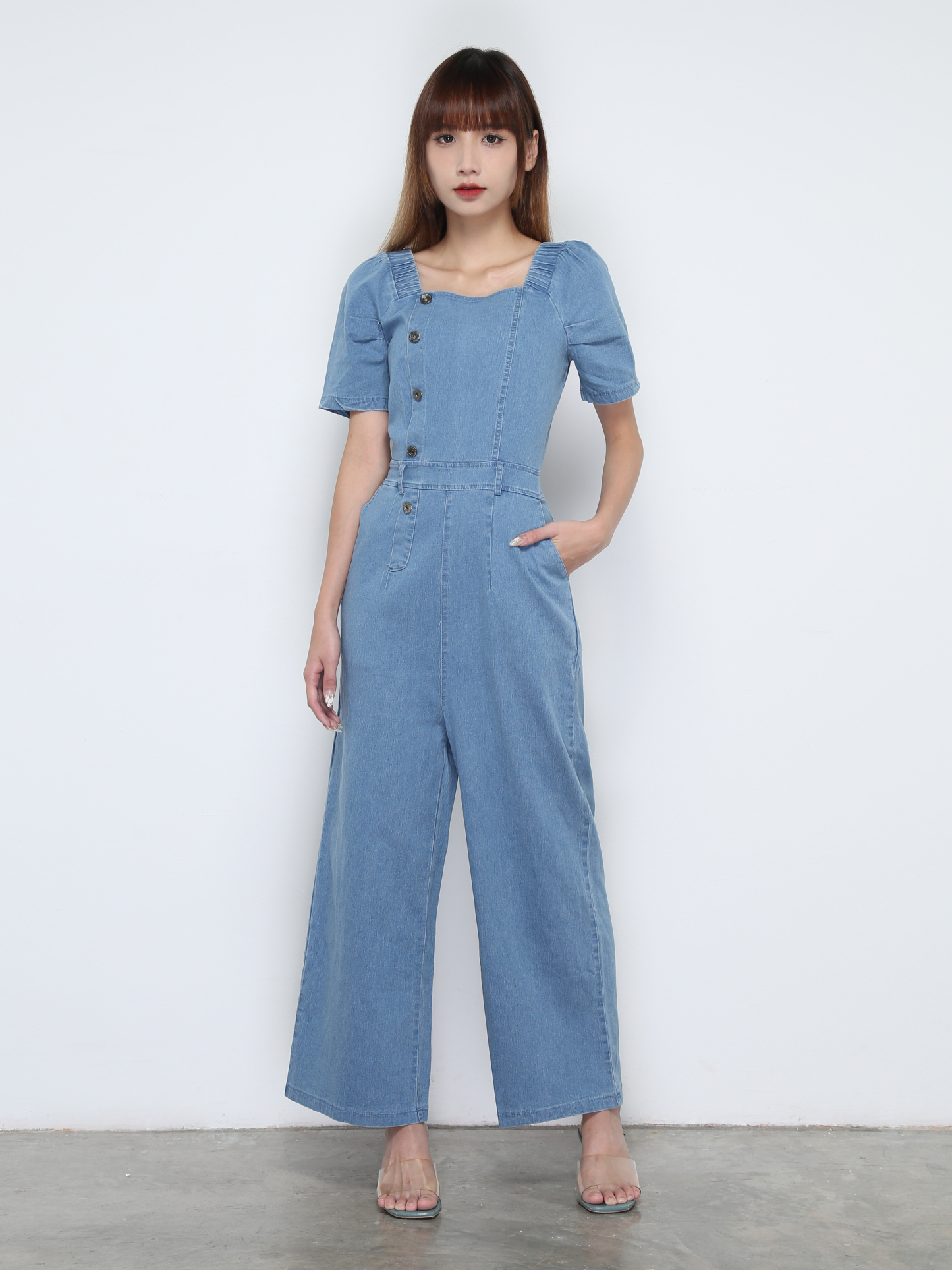 Denim Short Sleeve Front Button Jumpsuit 31875
