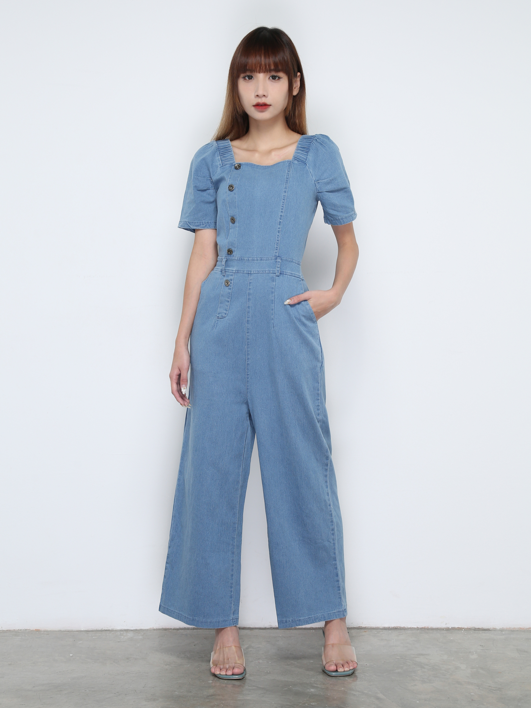 Denim Short Sleeve Front Button Jumpsuit 31875
