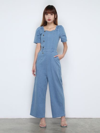 Denim Short Sleeve Front Button Jumpsuit 31875