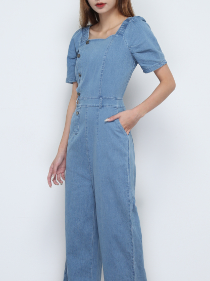 Denim Short Sleeve Front Button Jumpsuit 31875