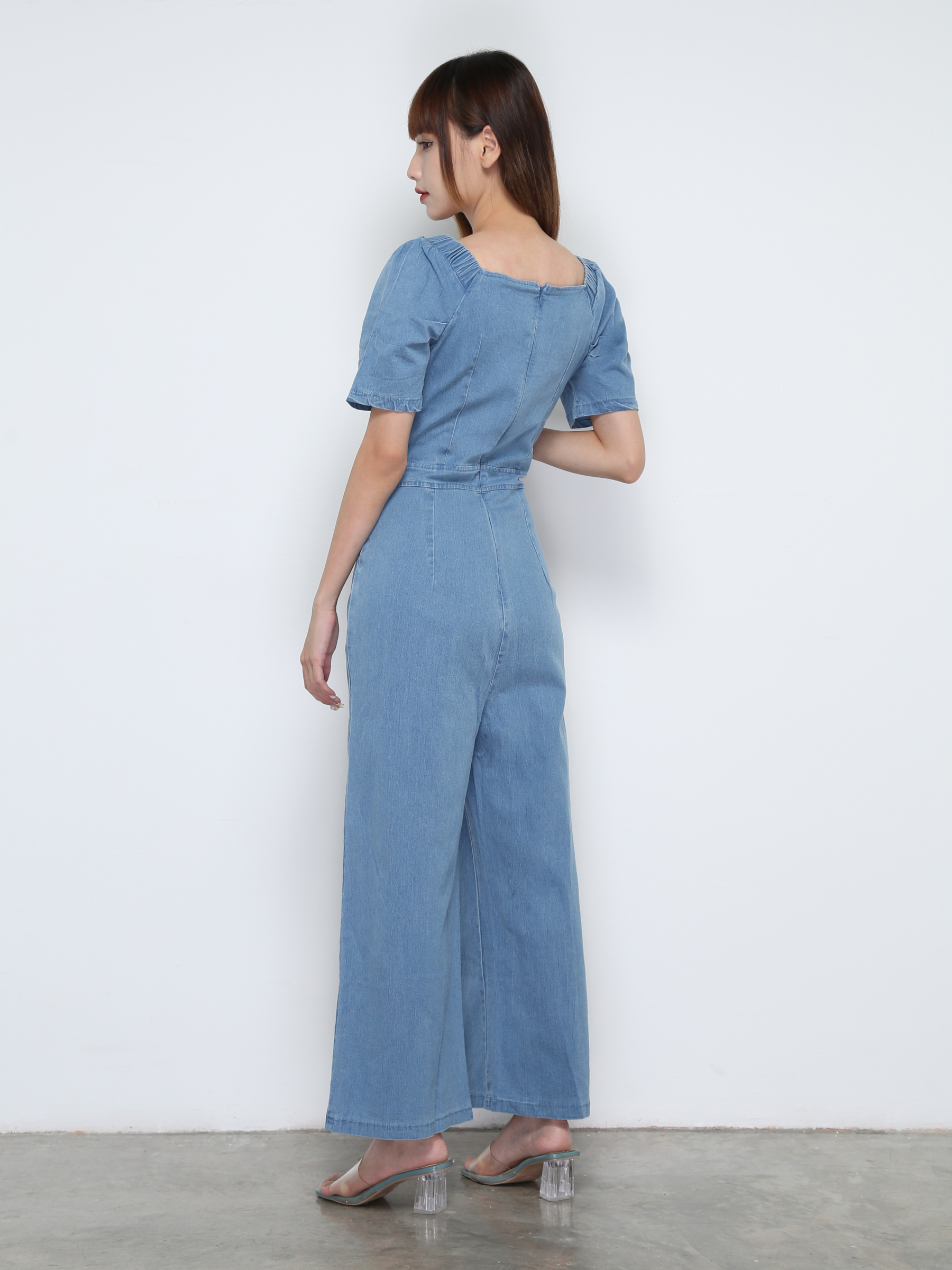 Denim Short Sleeve Front Button Jumpsuit 31875
