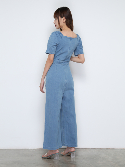 Denim Short Sleeve Front Button Jumpsuit 31875