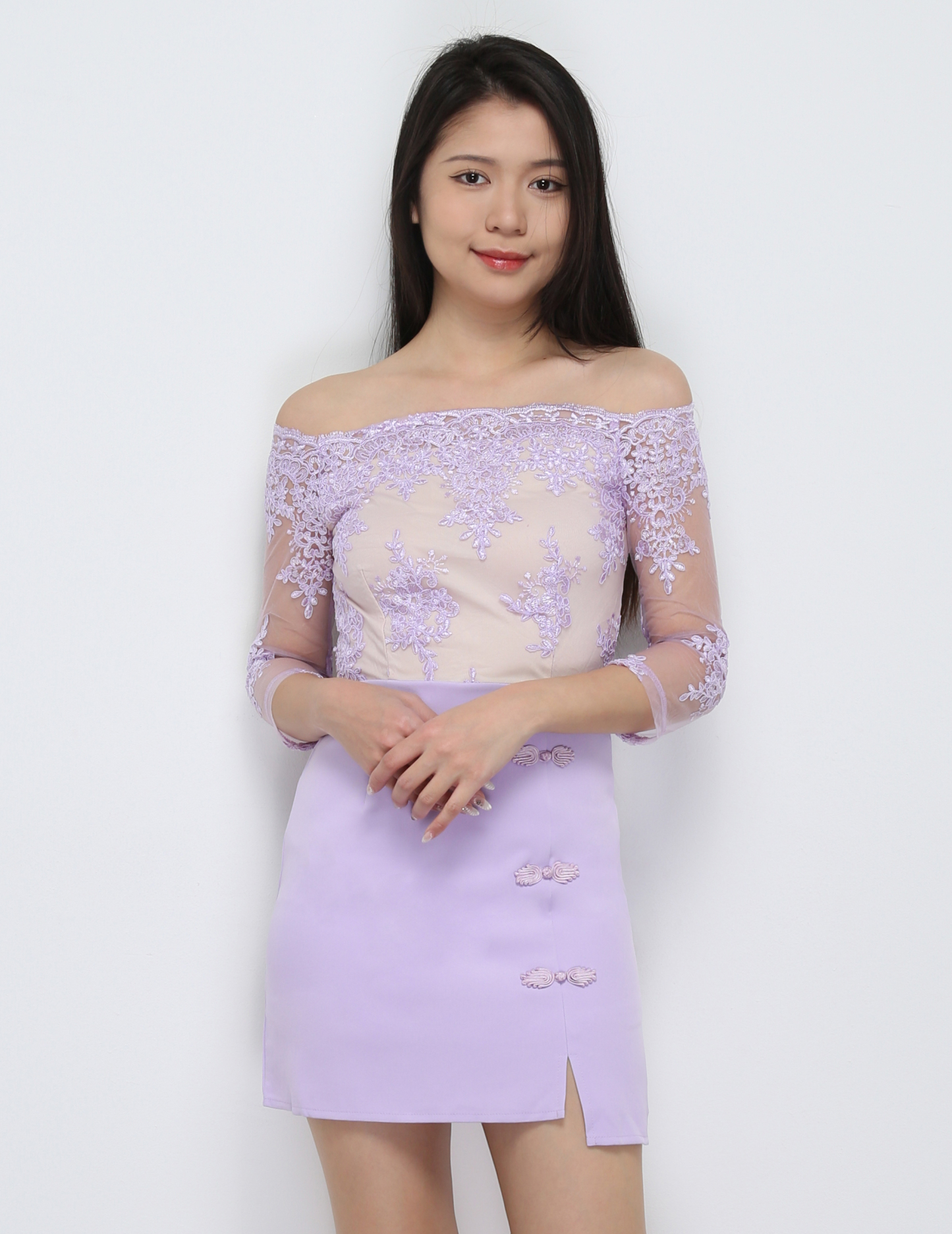 Off Shoulder With Decorative Chinese Button Dress 31335