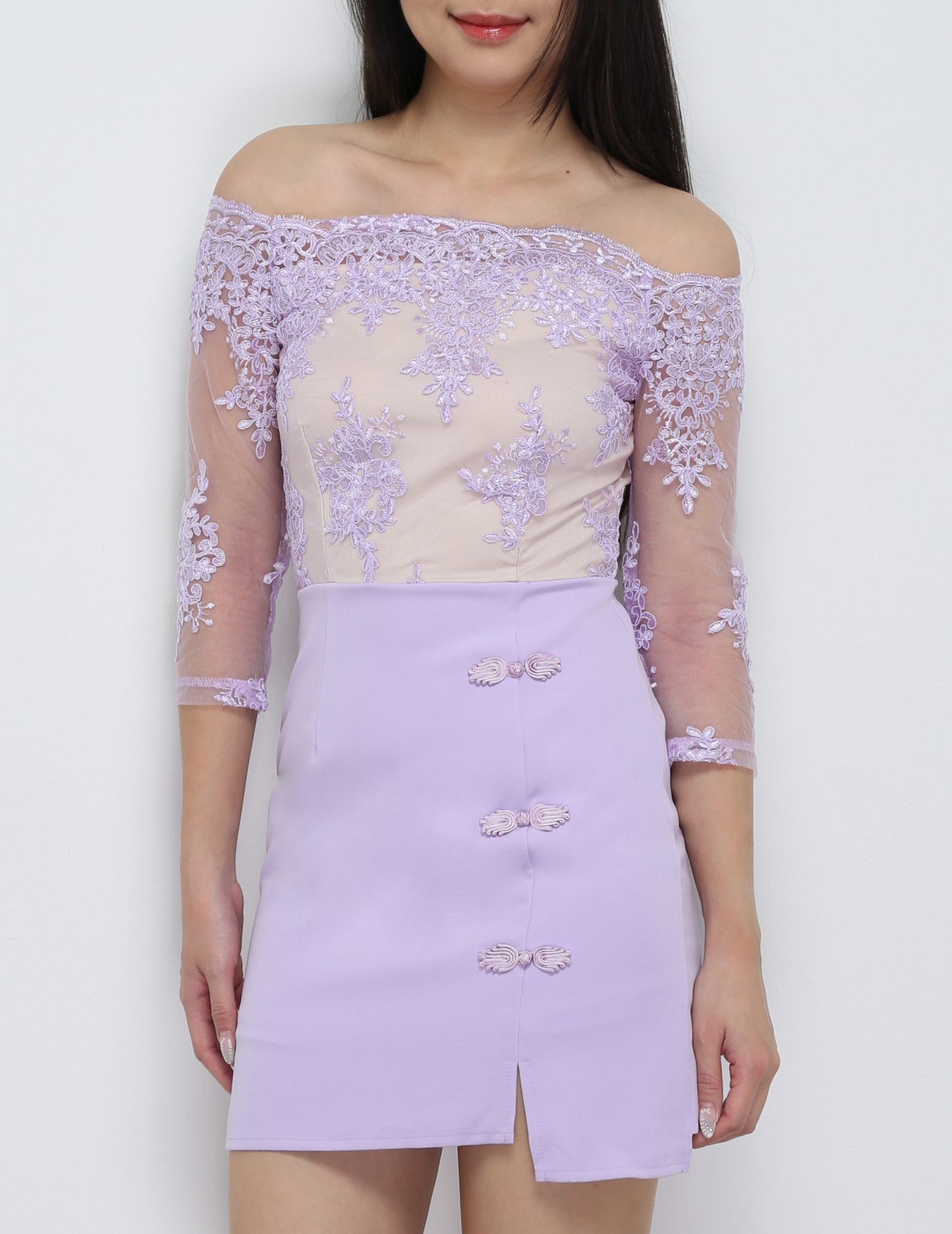 Off Shoulder With Decorative Chinese Button Dress 31335