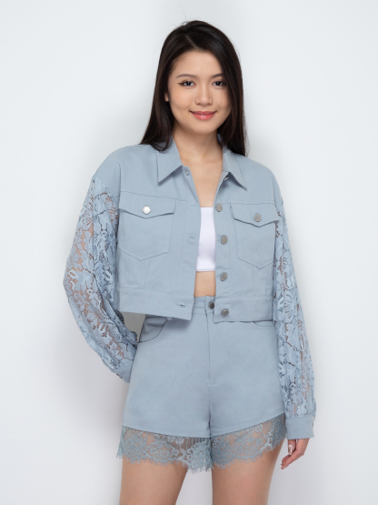 Long Sleeve Front Button Top With Short Pant Set 29818