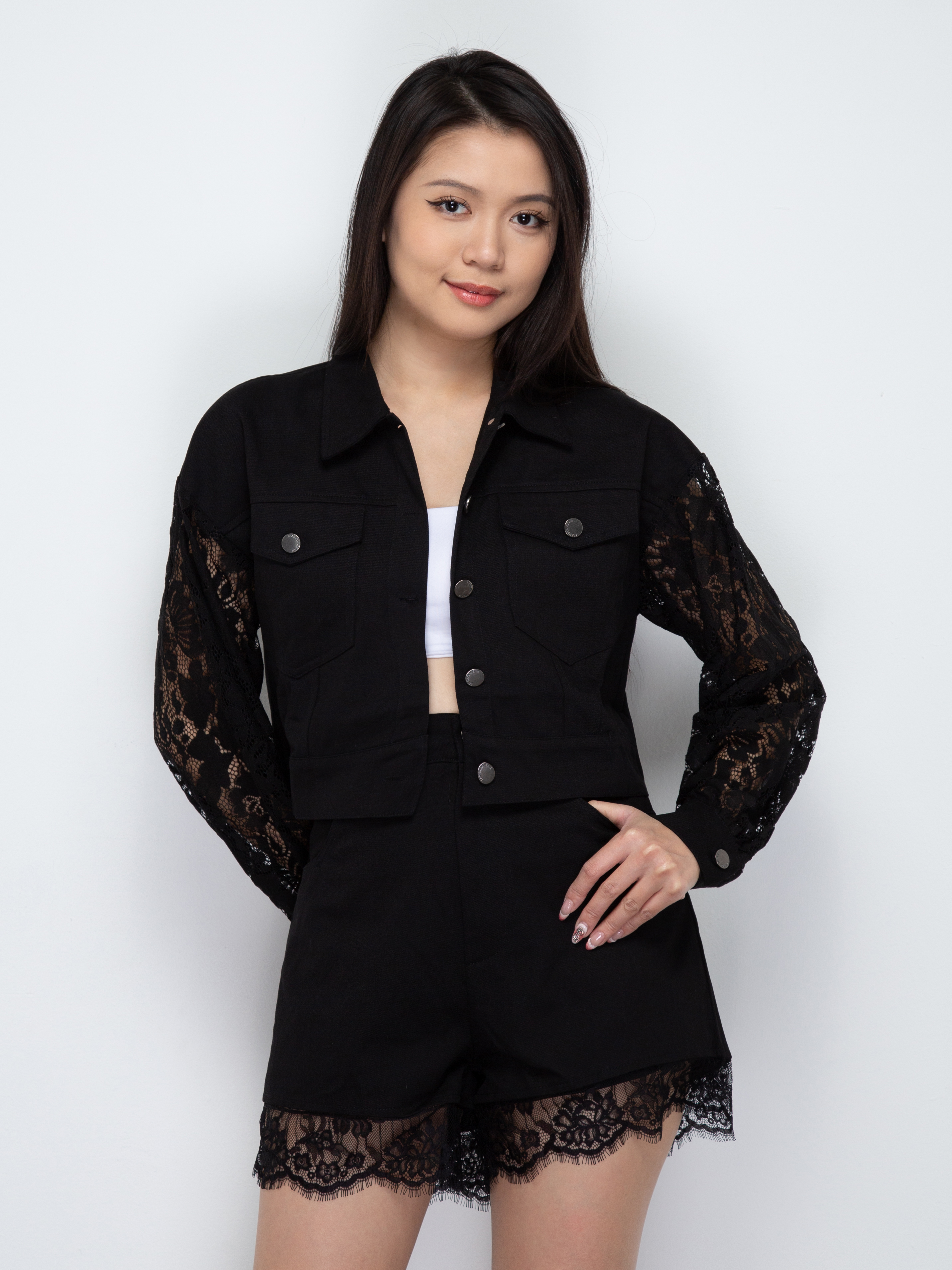 Long Sleeve Front Button Top With Short Pant Set 29818