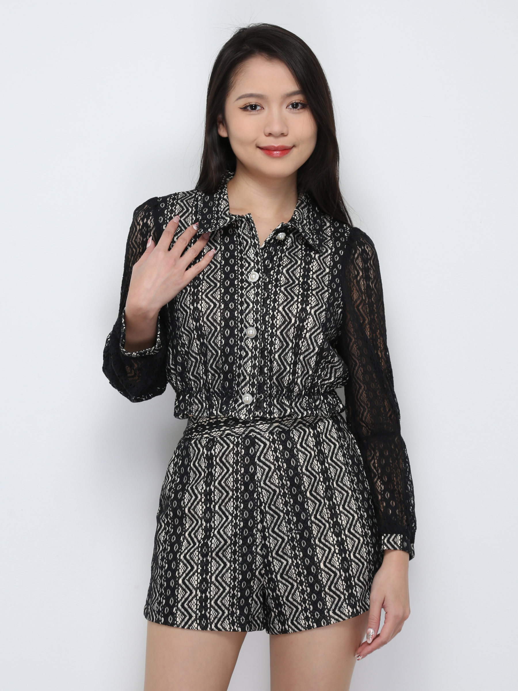 Lace Long Sleeve Front Button Top With Short Pant Set 29752