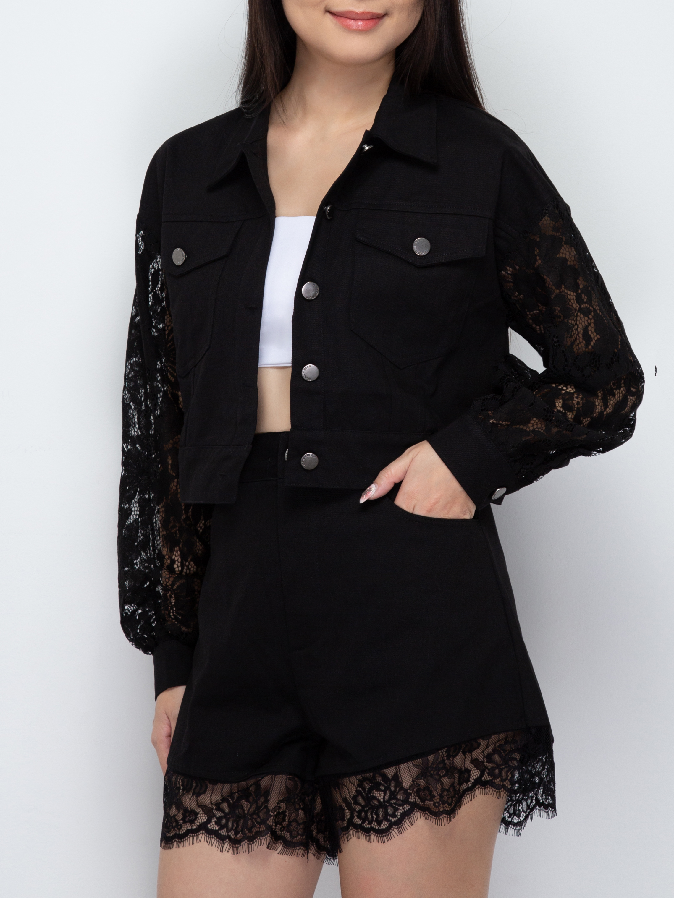 Long Sleeve Front Button Top With Short Pant Set 29818