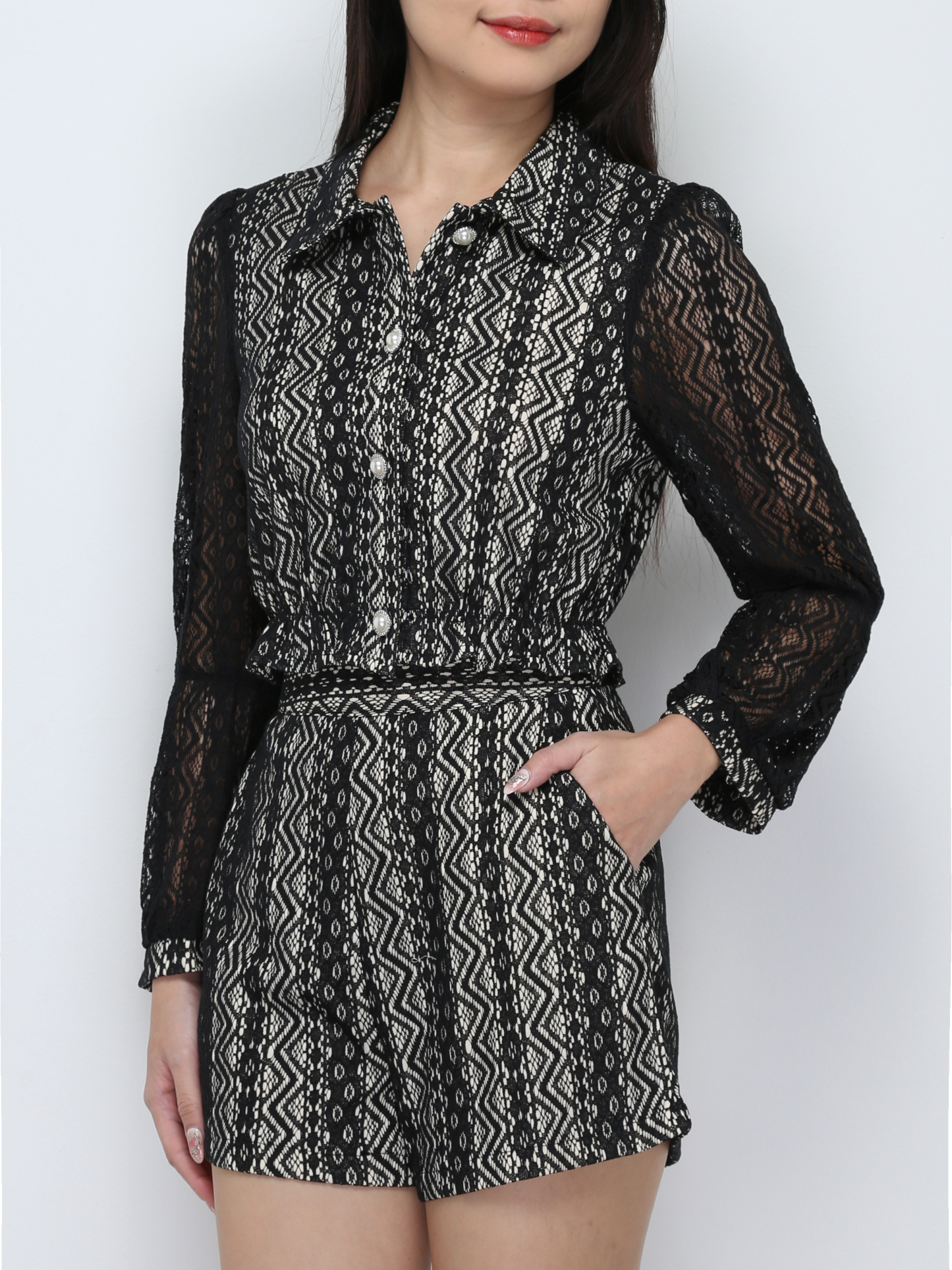 Lace Long Sleeve Front Button Top With Short Pant Set 29752
