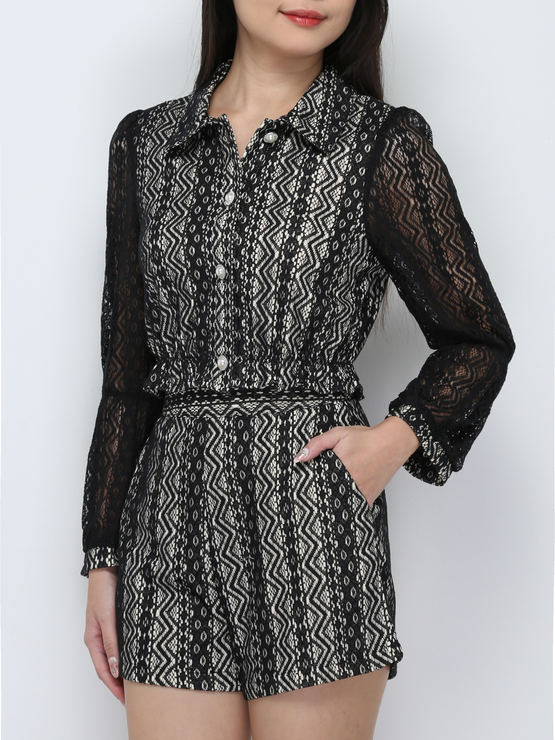 Lace Long Sleeve Front Button Top With Short Pant Set 29752