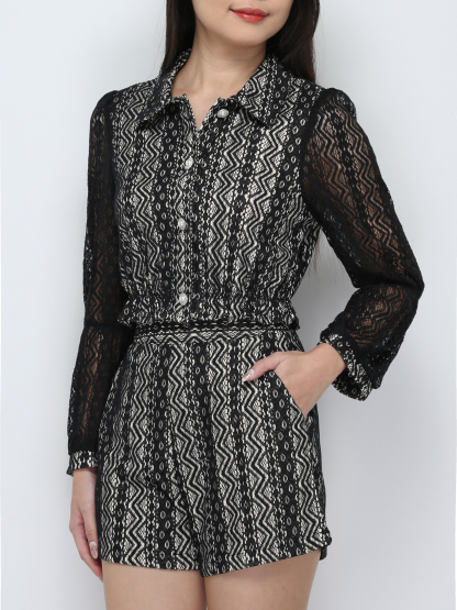 Lace Long Sleeve Front Button Top With Short Pant Set 29752
