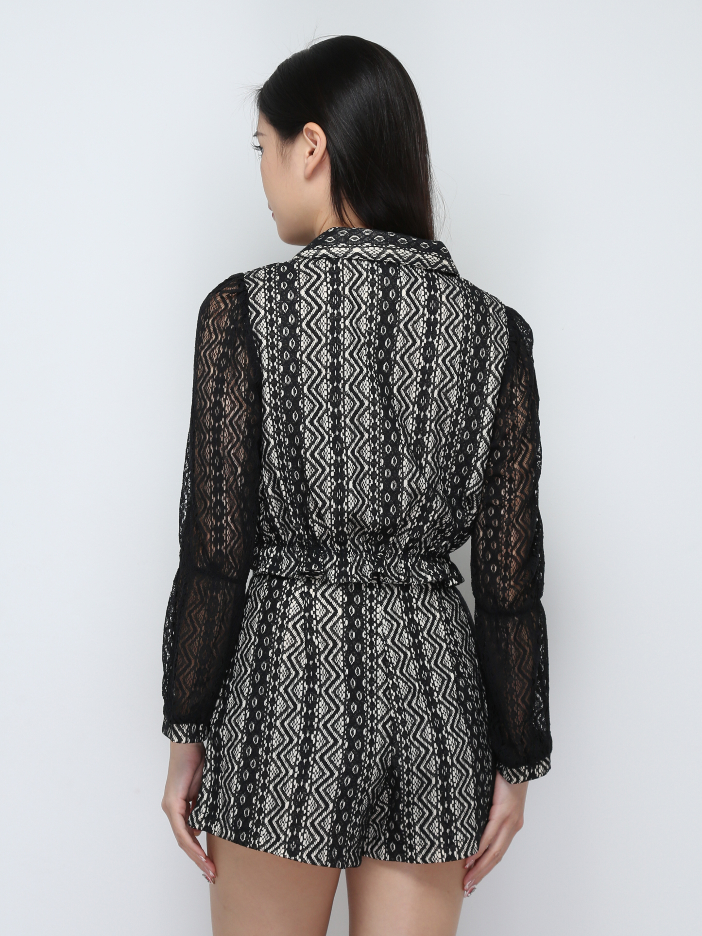 Lace Long Sleeve Front Button Top With Short Pant Set 29752