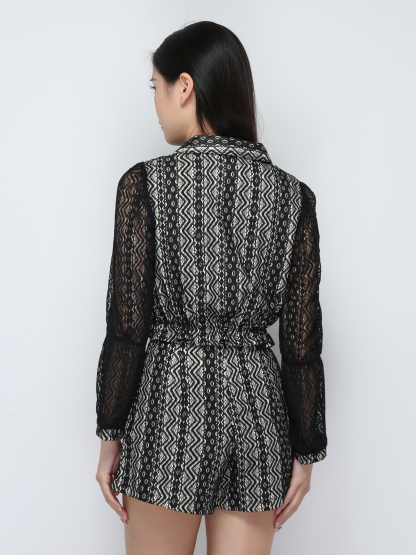 Lace Long Sleeve Front Button Top With Short Pant Set 29752