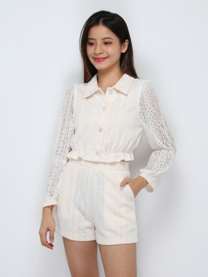 Lace Long Sleeve Front Button Top With Short Pant Set 29752