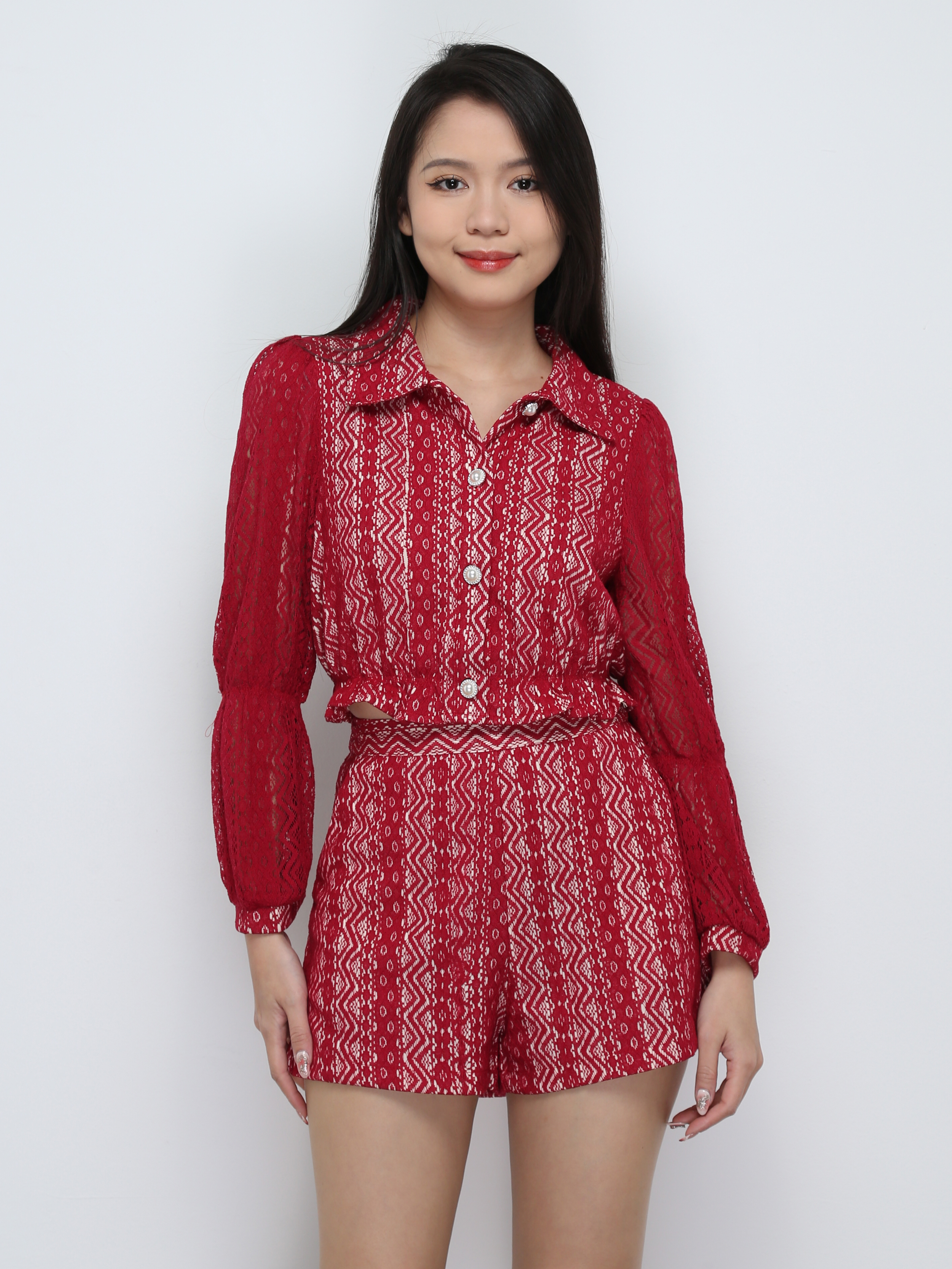 Lace Long Sleeve Front Button Top With Short Pant Set 29752
